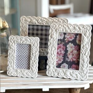 Veritas White Sculptured Ceramic Frames. (3) 8x10 and 5x7